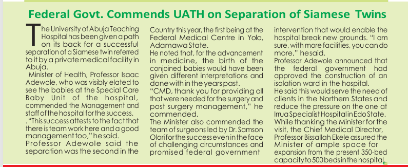 Federal Government commends UATH on separation of Siamese twins – news clipping